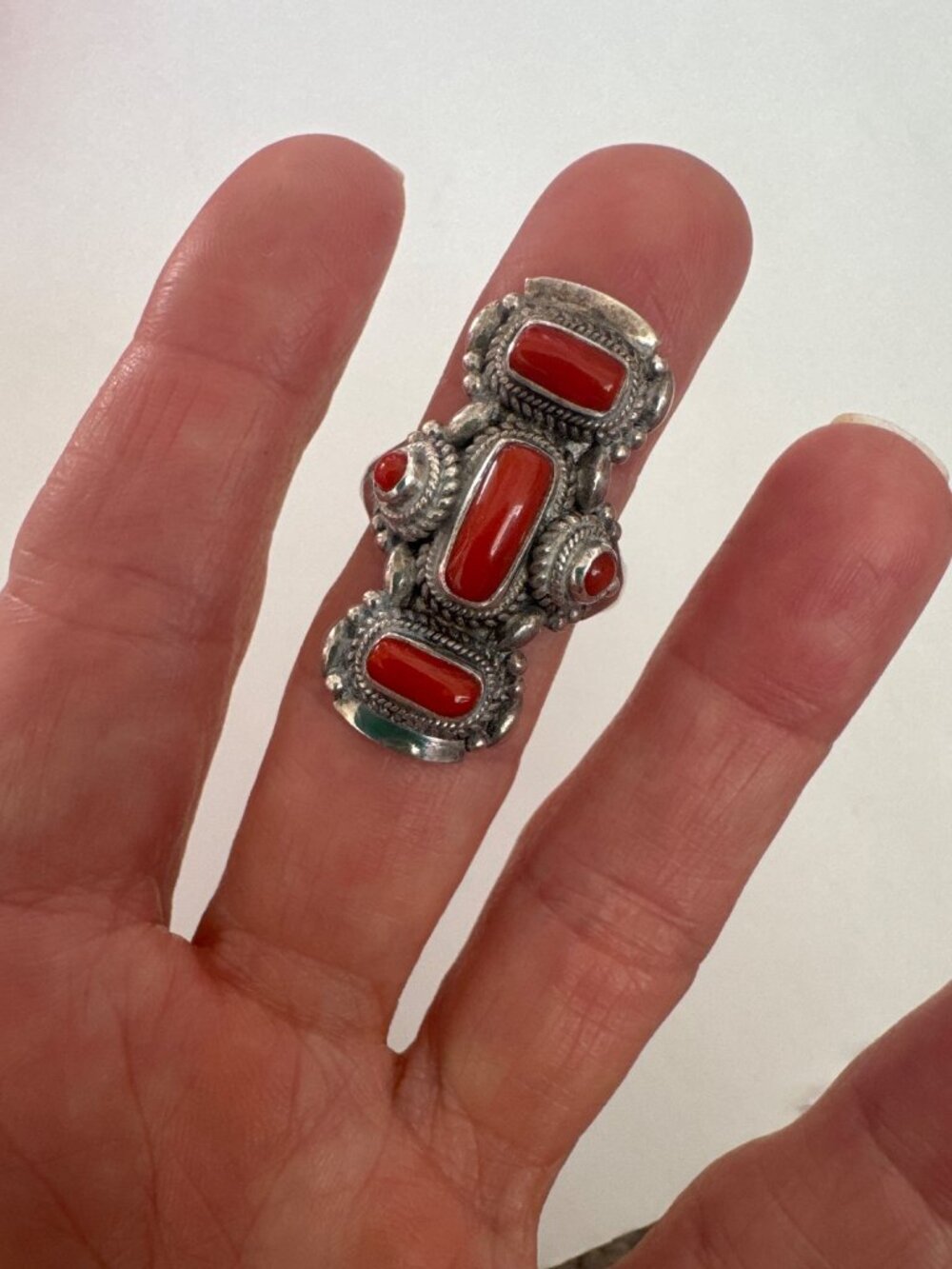 Tibetan Style Sterling Silver Coral Ring Approx Sz 6.5 Vintage